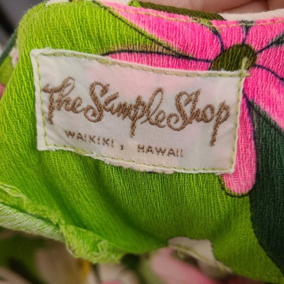 Vtg 70s The Sample Shop Hawaiian Barkcloth Maxi Dress Vibrant Green Pink Retro - Picture 6 of 6